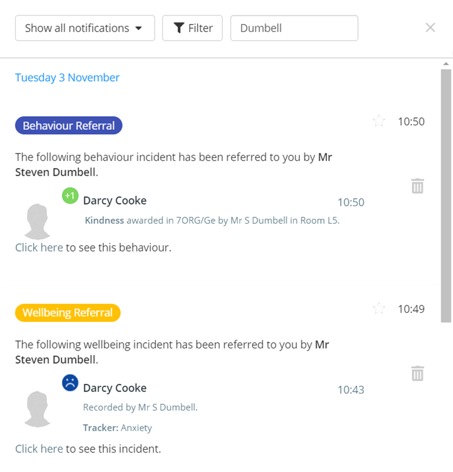 Class Charts notifications centre keyword result