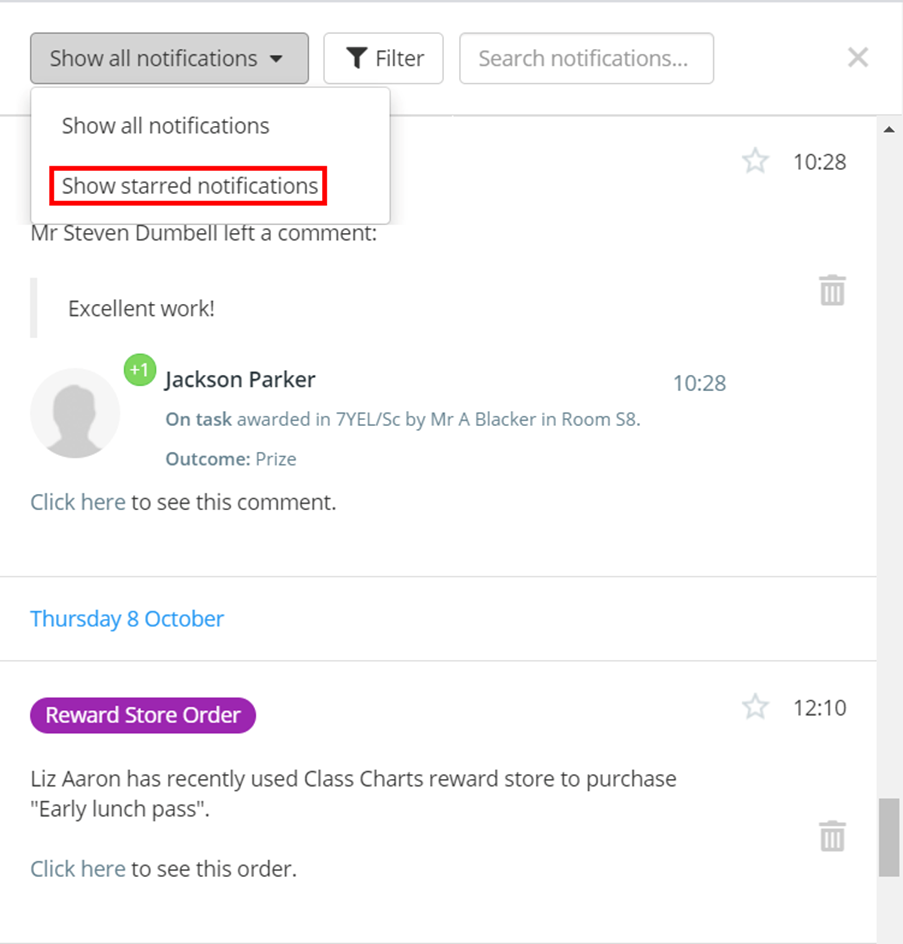 Class Charts filter by starred notifications