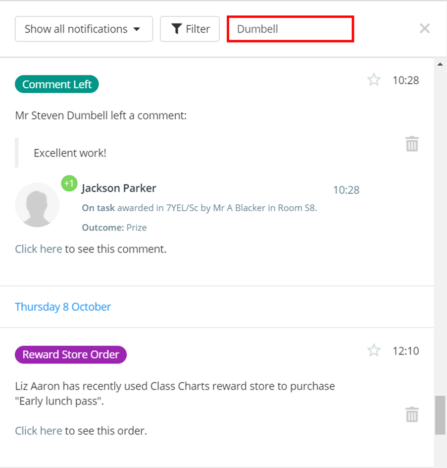 Class Charts notifications centre keyword search