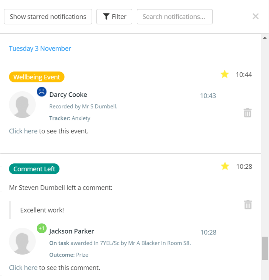 Class Charts notifications centre starred result