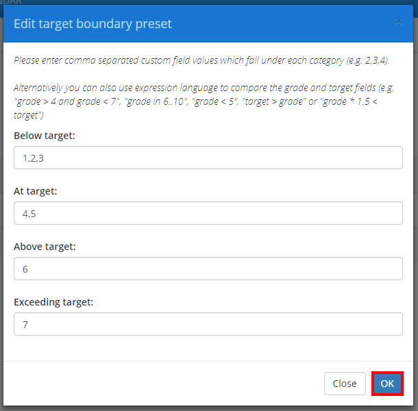 Class Charts define boundary preset