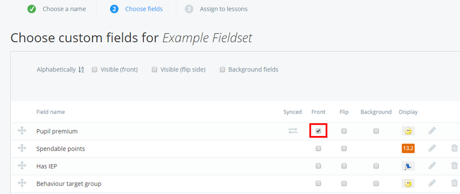 Class Charts choose custom fields for example fieldset