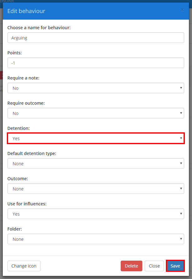 Class Charts edit behaviour detention dropdown