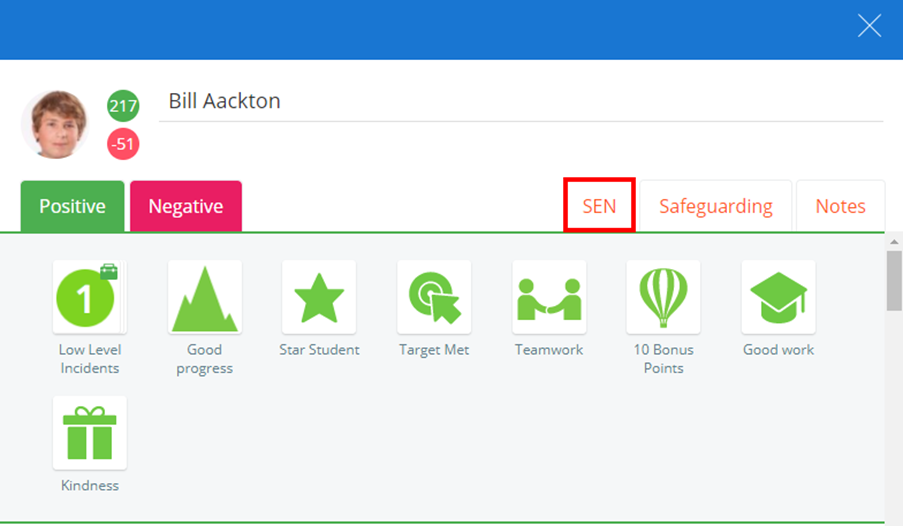 Class Charts pupil example SEN tab