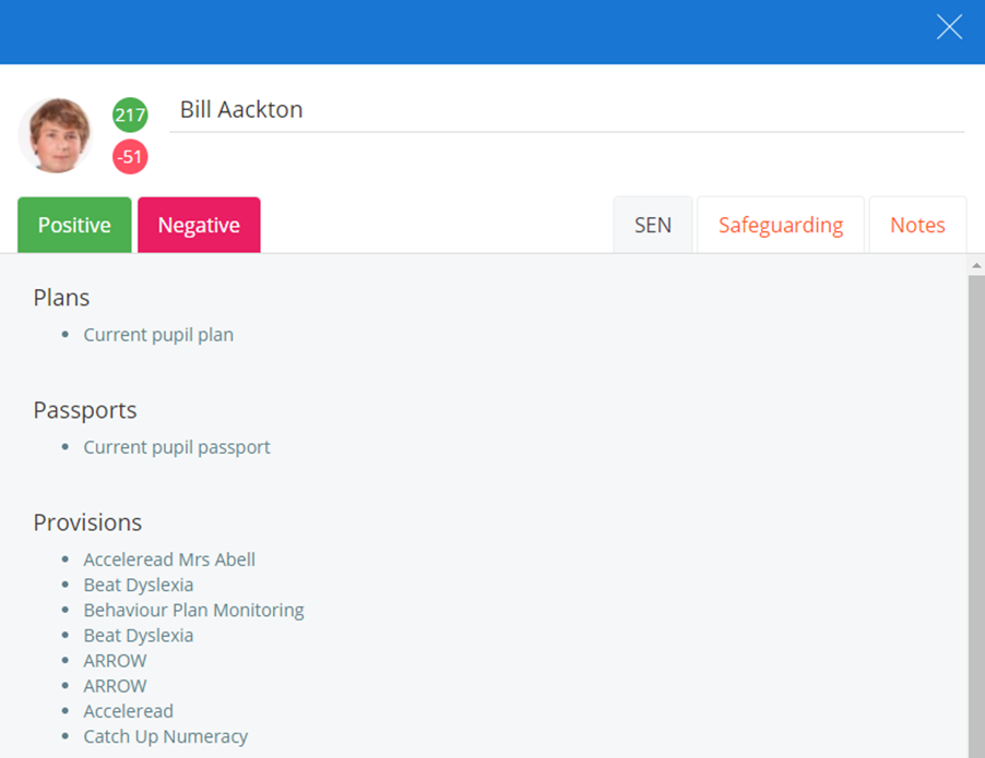 Class Charts print SEN pupil example