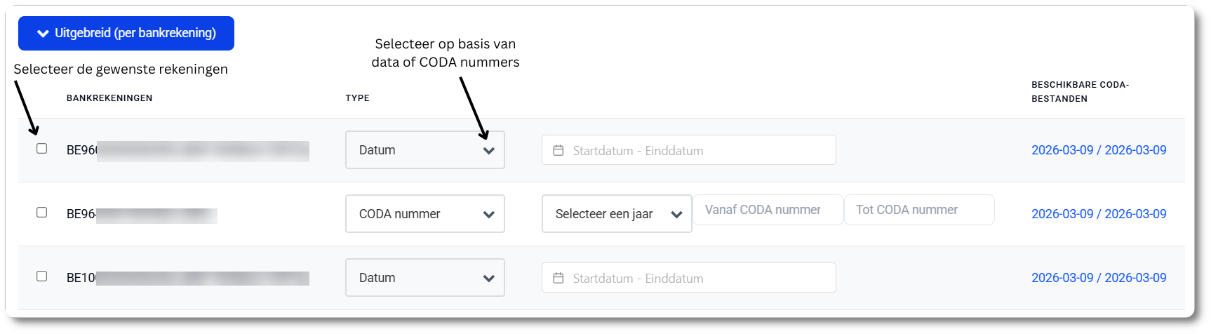 Levering op aanvraag met aparte selectie per bankrekening