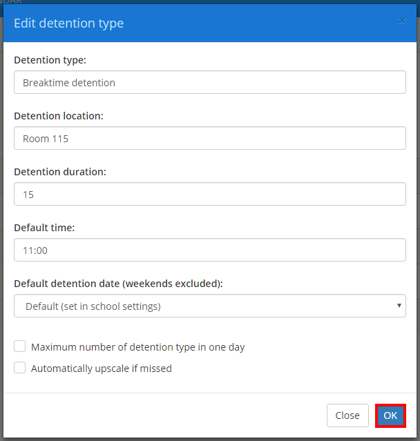 Class Charts edit detention type popup