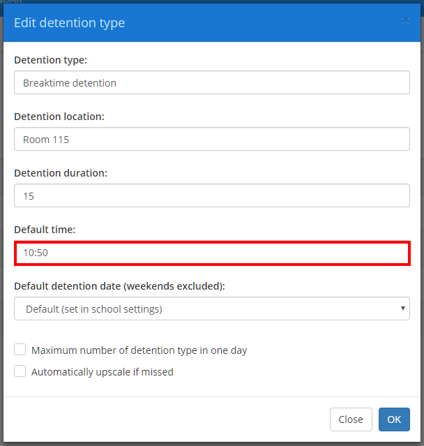 Class Charts default detention time