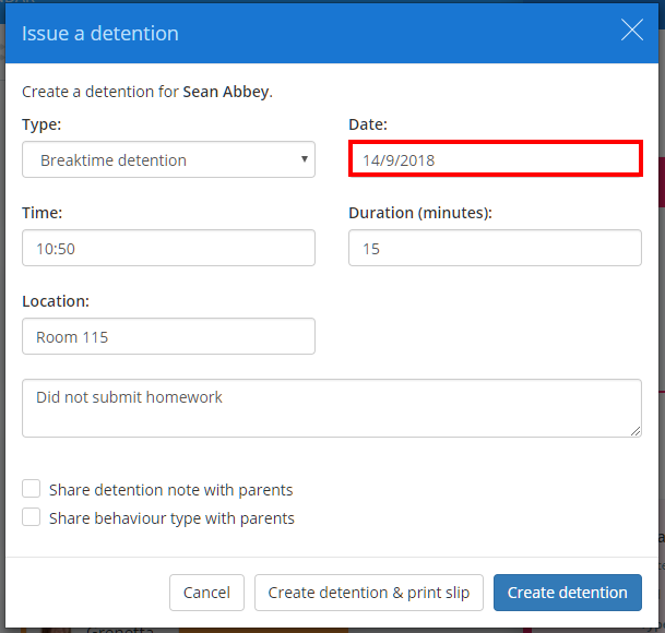 Class Charts default detention date example