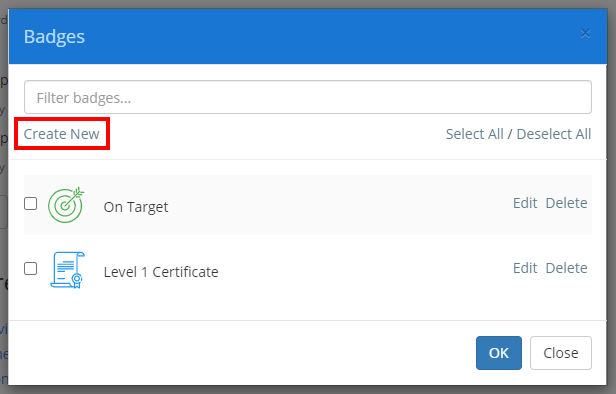 Class Charts badges create badge button