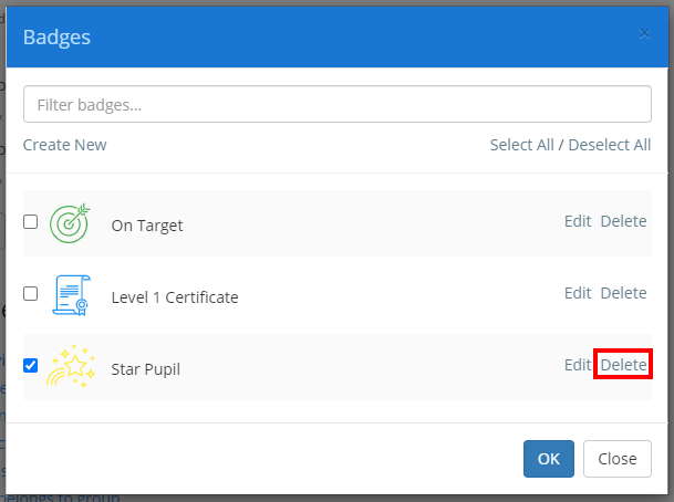 Class Charts delete badge button
