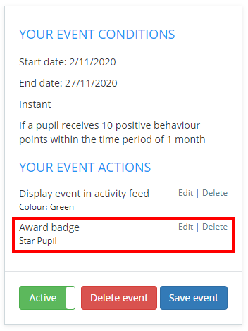 Class Charts badge included as event action