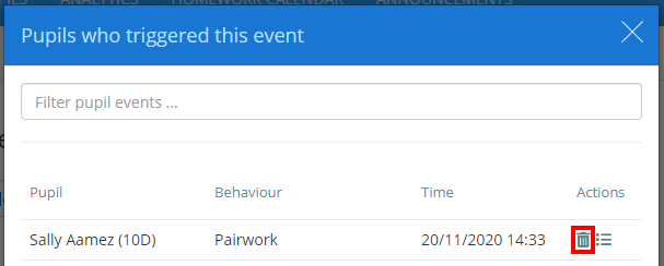 Class Charts delete event instance button