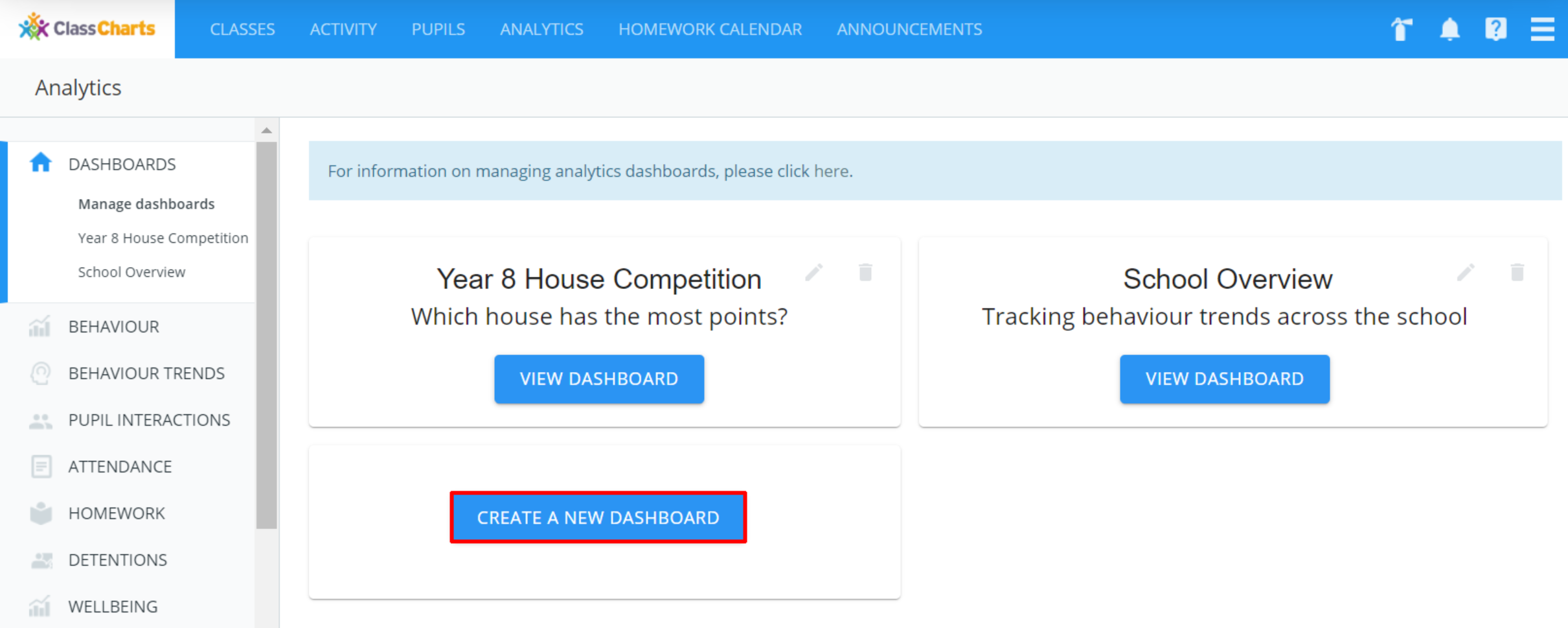 Class Charts manage dashboards page