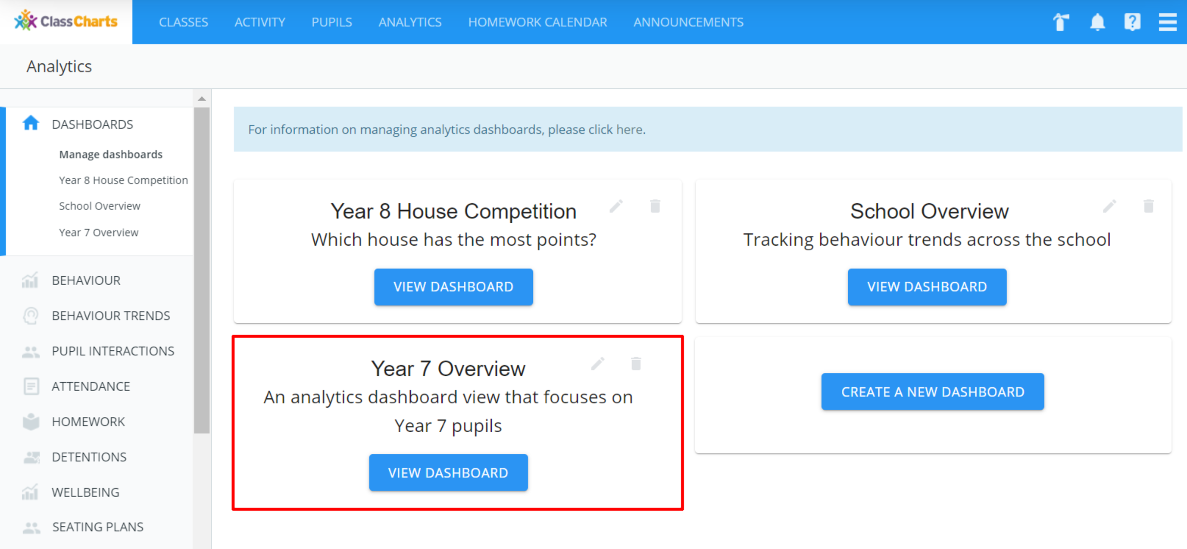 Class Charts manage dashboards page click