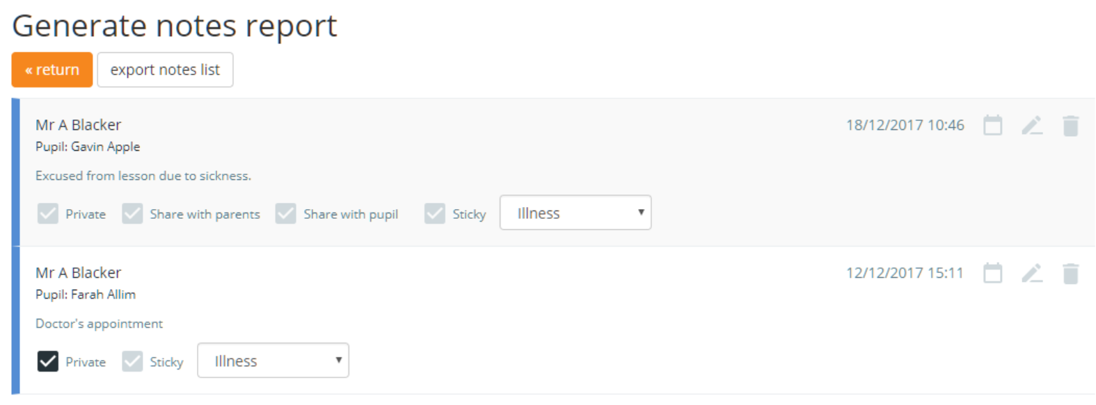 Class Charts note report detailed results