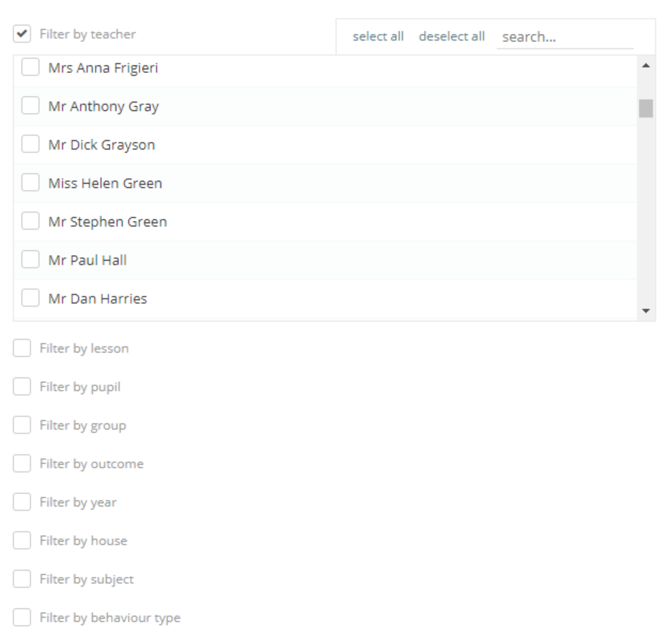Class Charts filter options checkbox