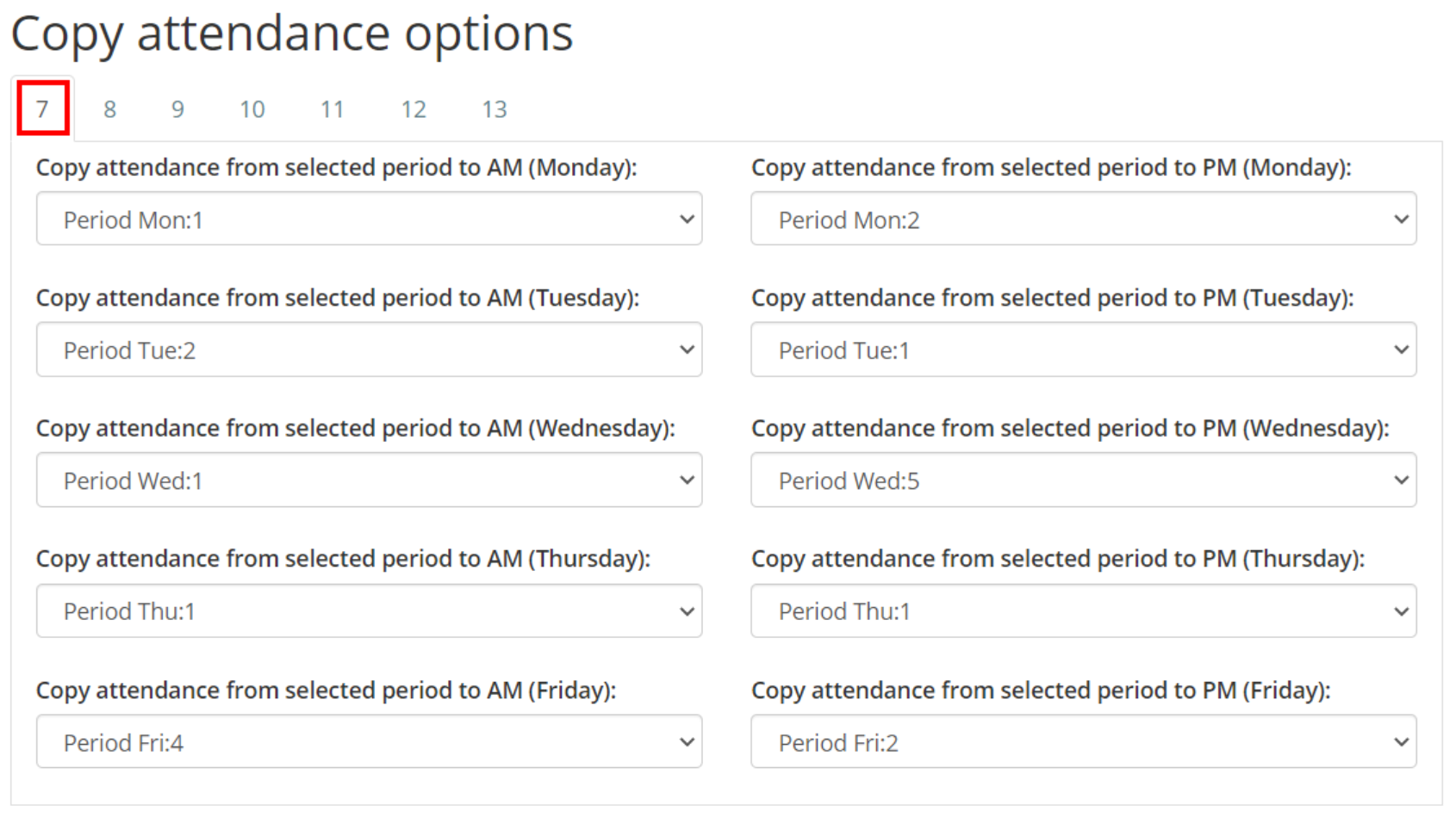 Class Charts copy attendance options by year