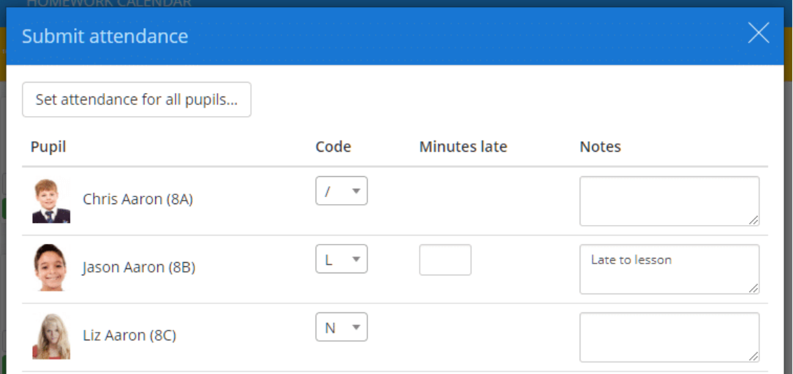 Class Charts view register popup top