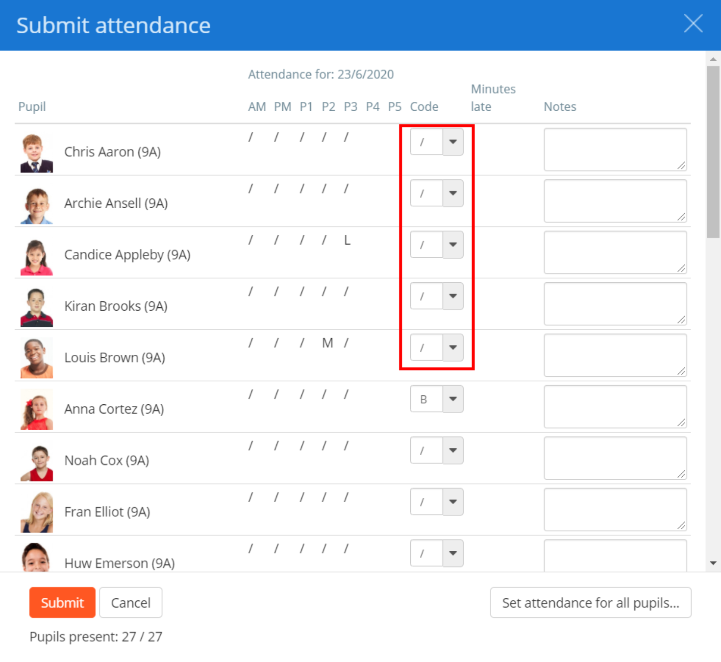 Class Charts set all attendance example