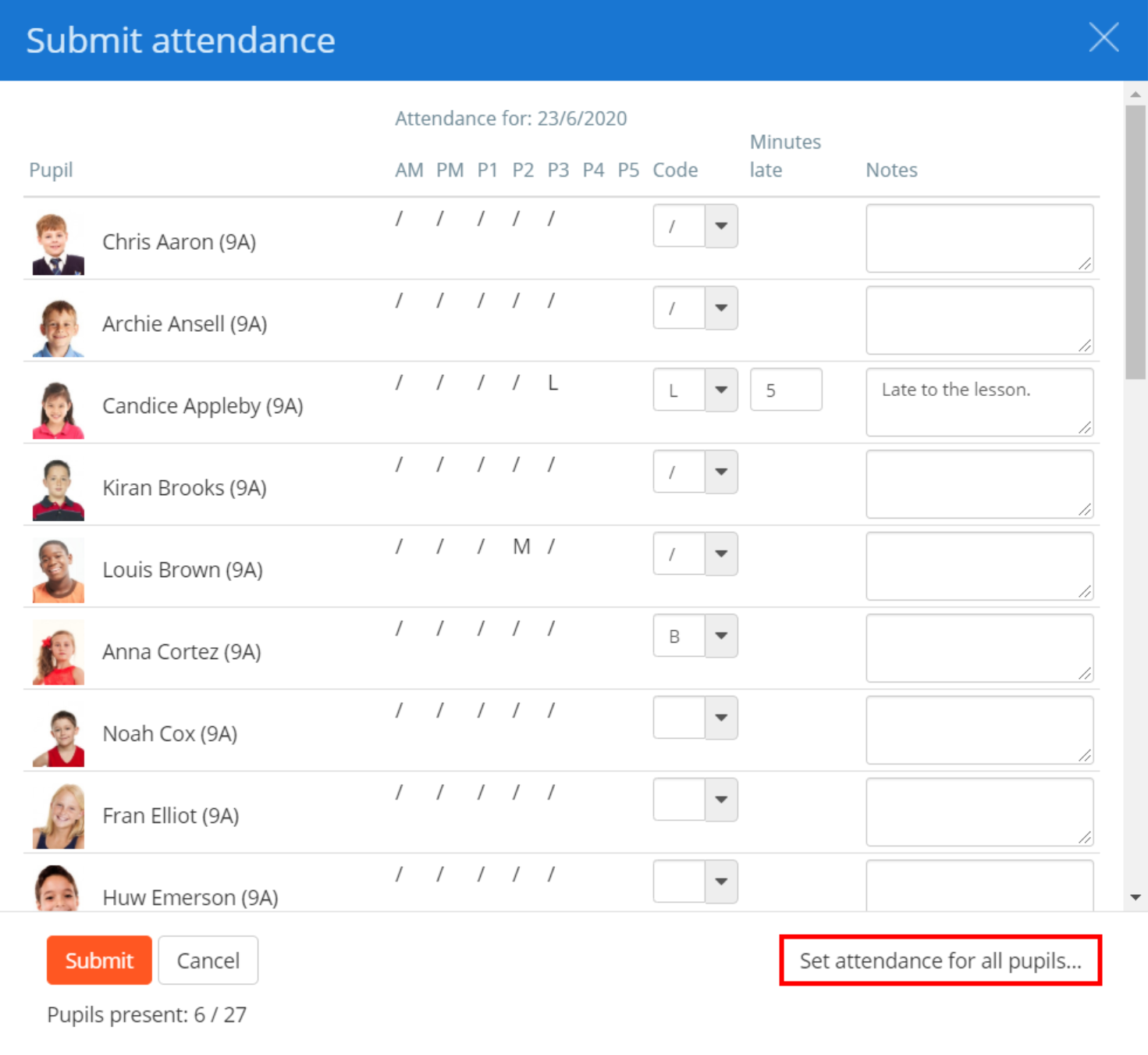 Class Charts submit attendance set attendance button