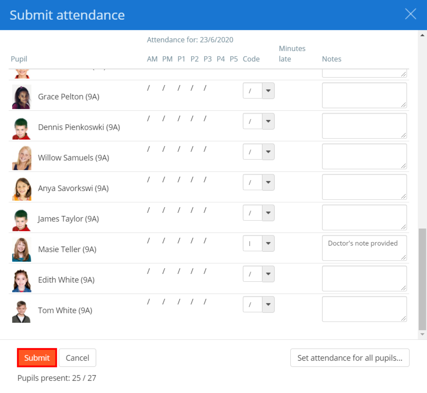 Class Charts submit attendance button