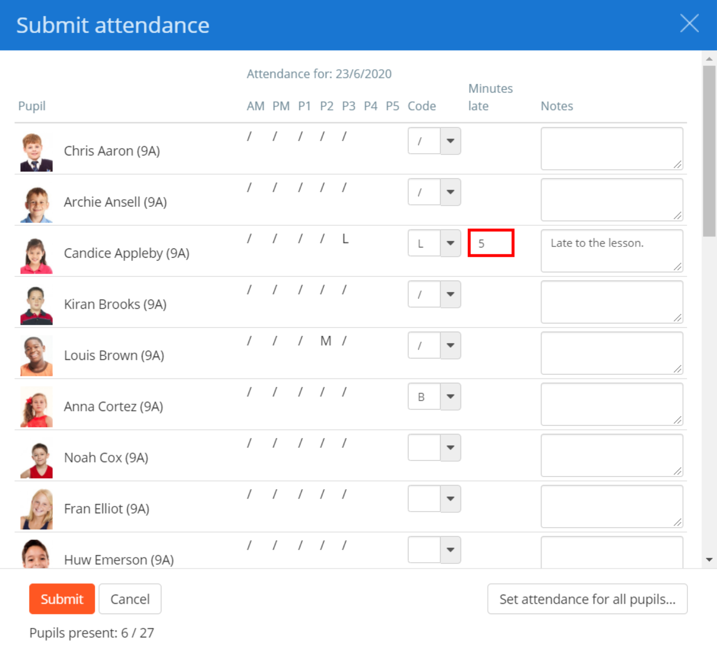 Class Charts submit attendance minutes late