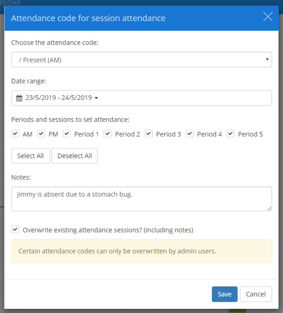 Class Charts bulk attendance popup