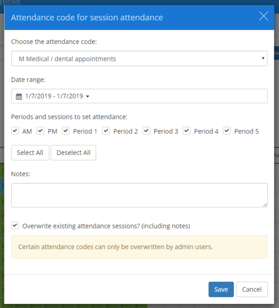 Class Charts display all bulk attendance popup