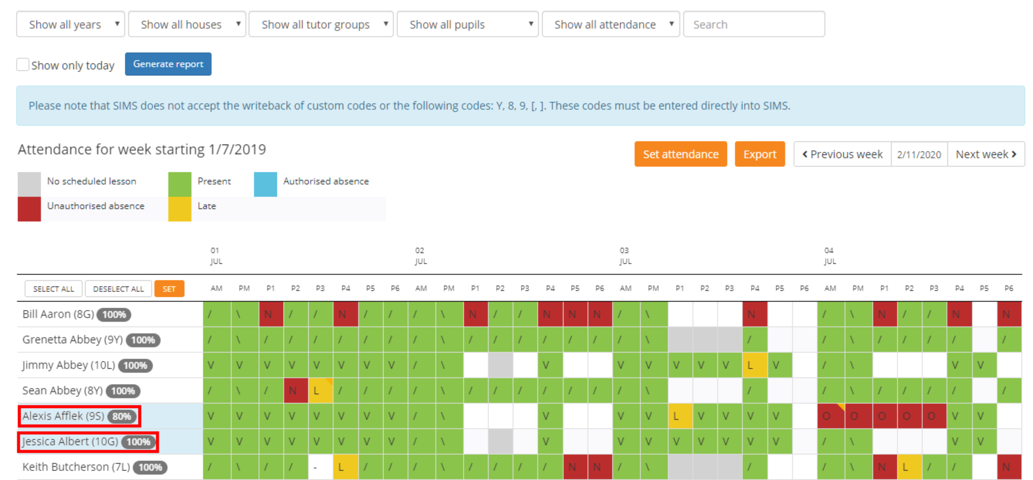 Class Charts display all select pupil