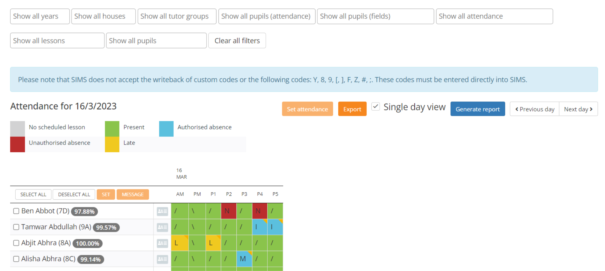 Class Charts attendance all view