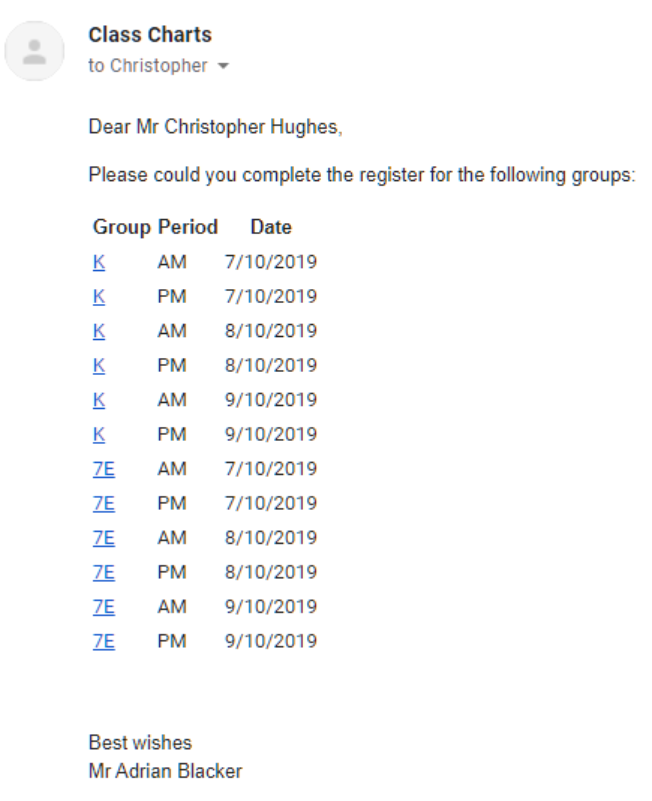 Class Charts AM PM email example