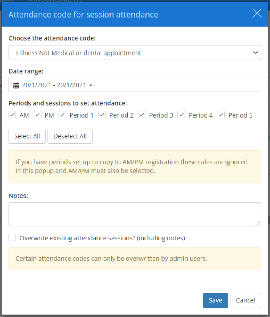 Class Charts reported absences set attendance popup