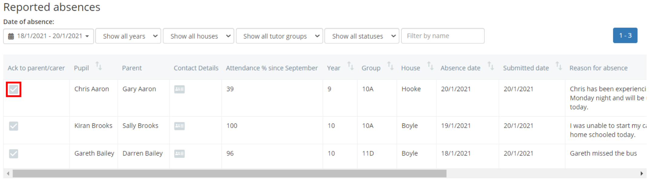 Class Charts reported absences acknowledge tickbox
