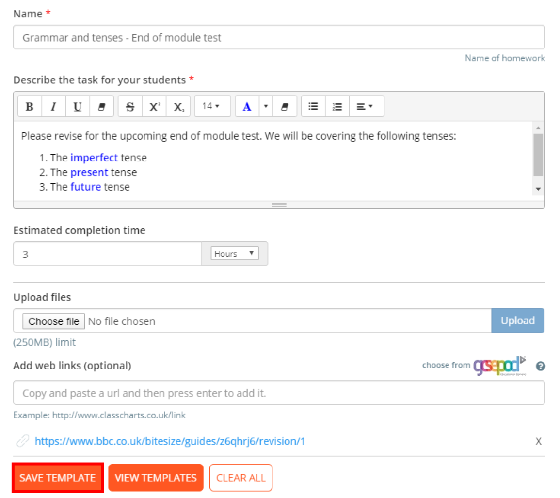 Class Charts in class save template button