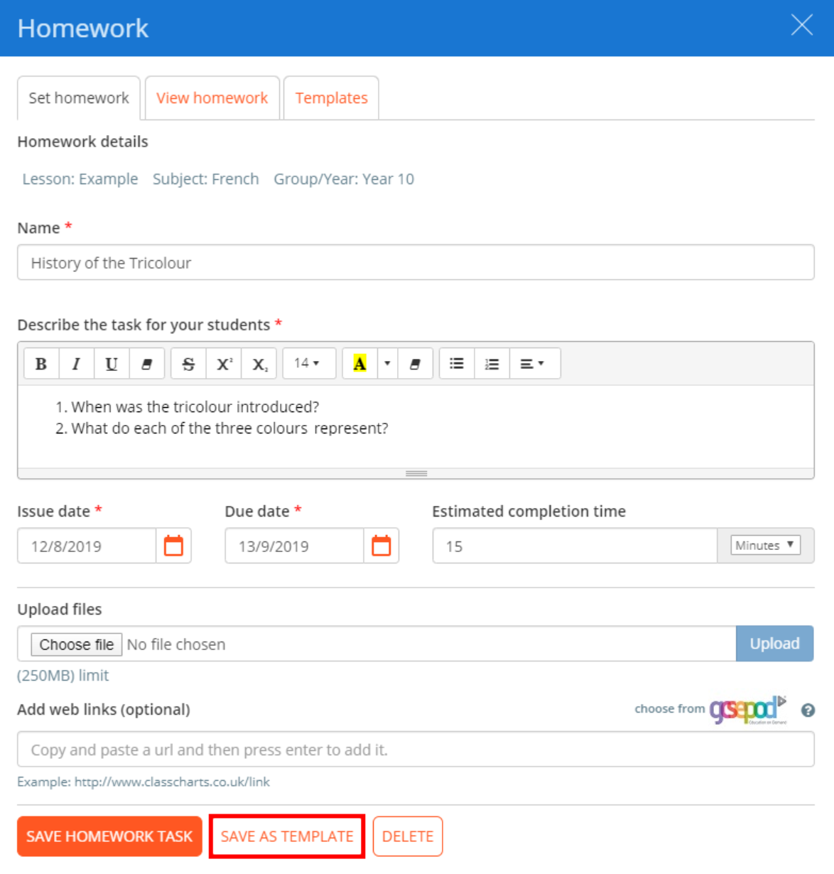 Class Charts homework save as template button