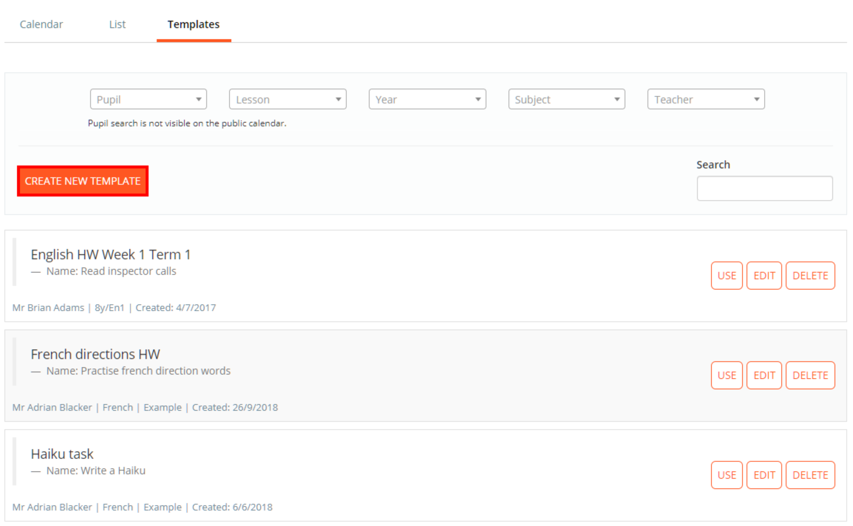 Class Charts calendar create new template button