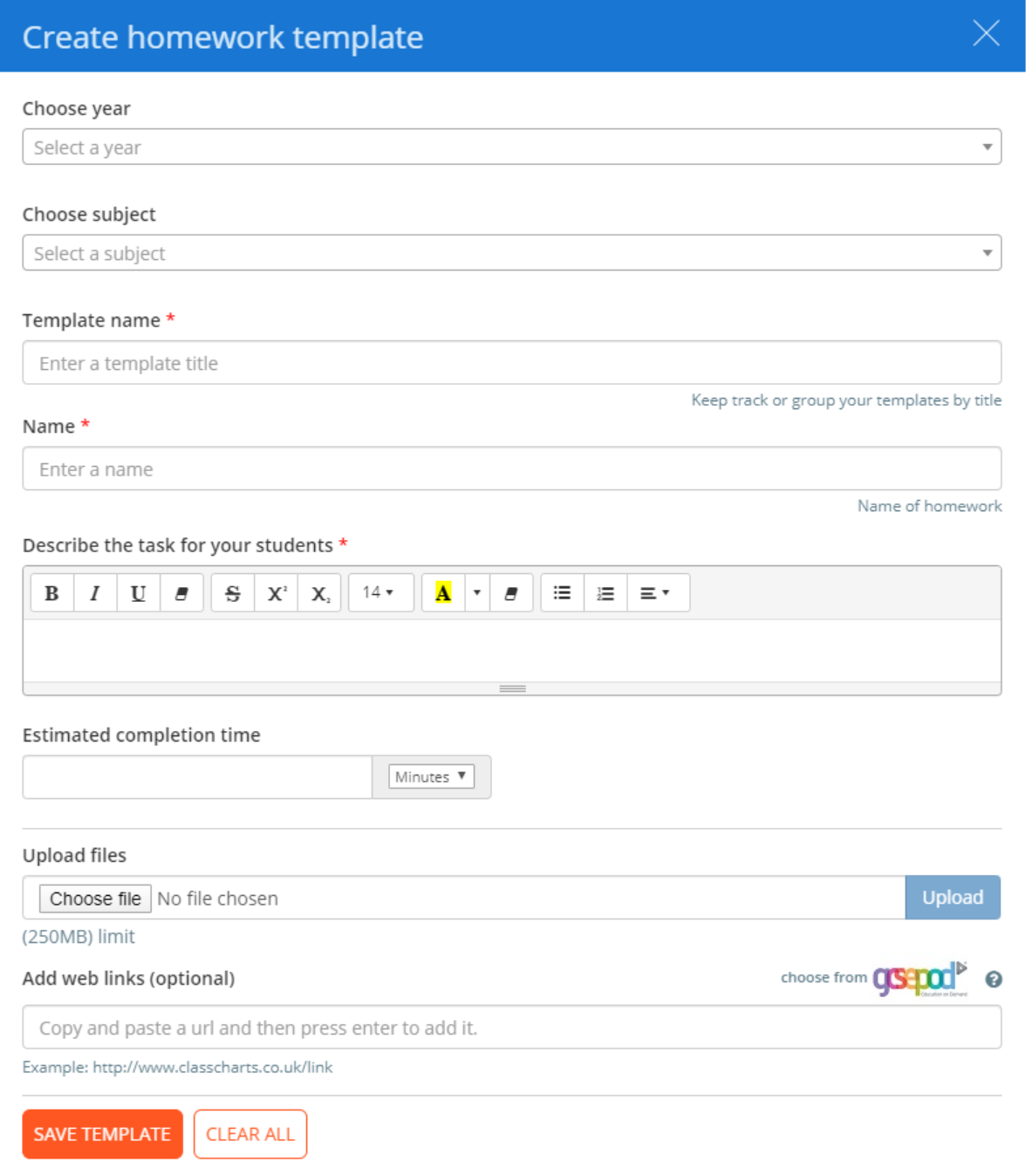 Class Charts calendar create homework template view