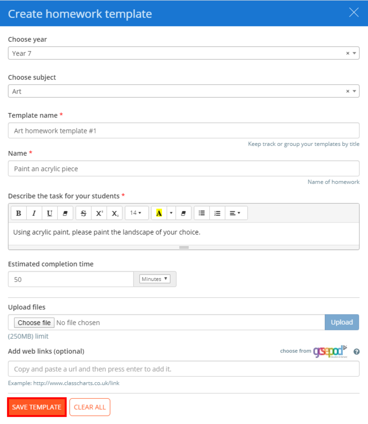 Class Charts calendar save template button