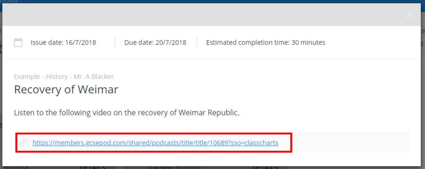 Class Charts pupil homework GCSEPod link