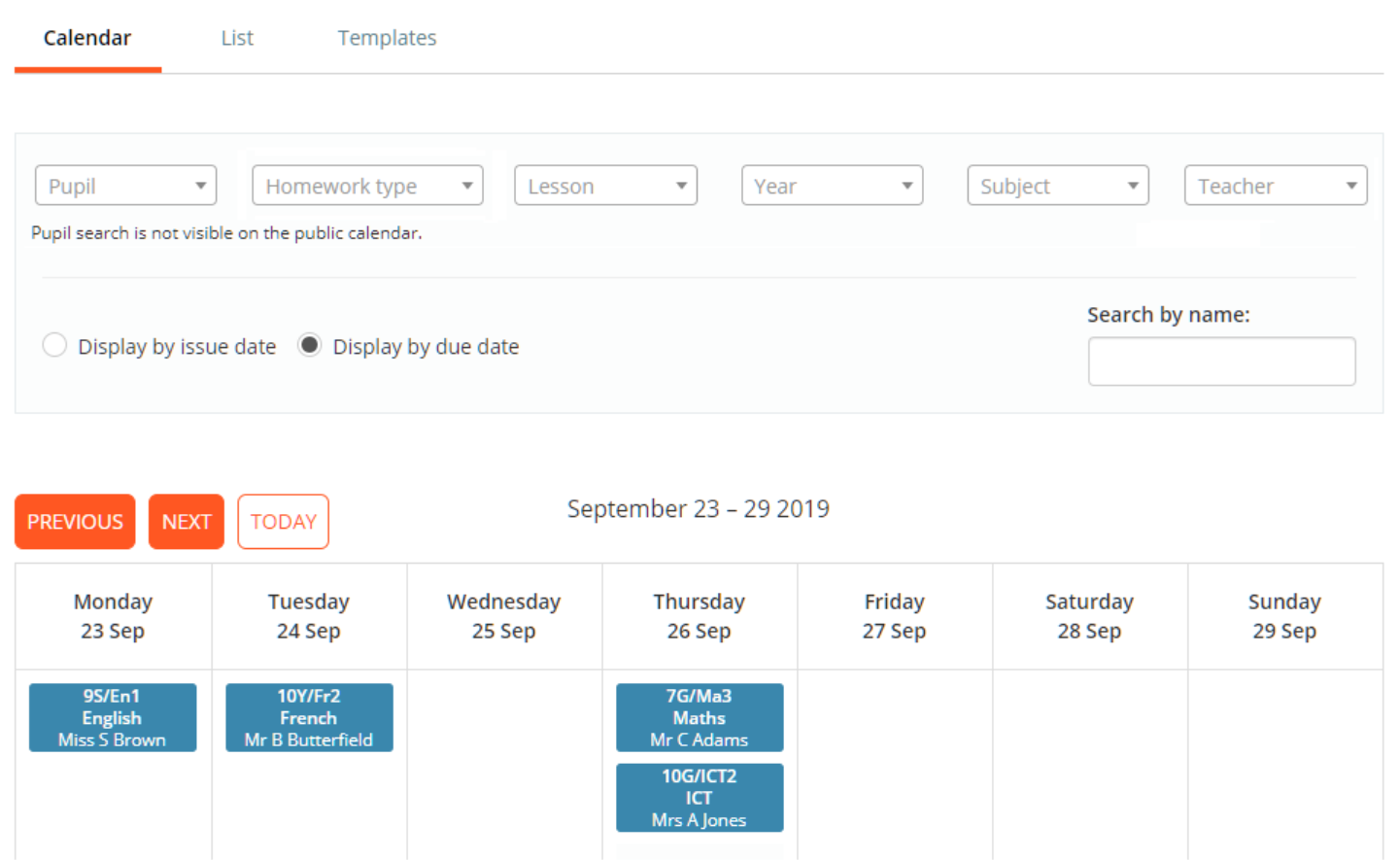 Class Charts homework calendar page
