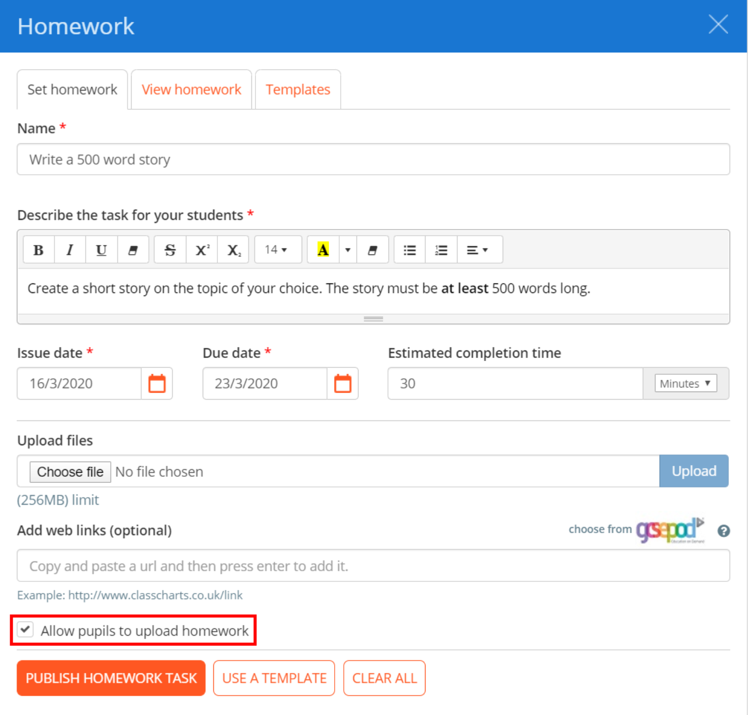 Class Charts upload homework checkbox