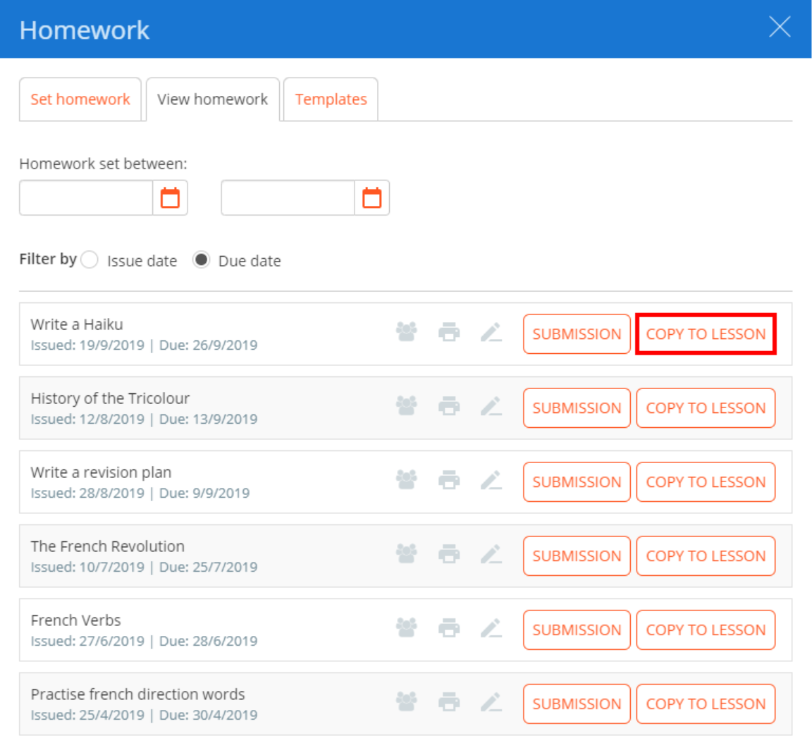 Class Charts in class copy to homework button