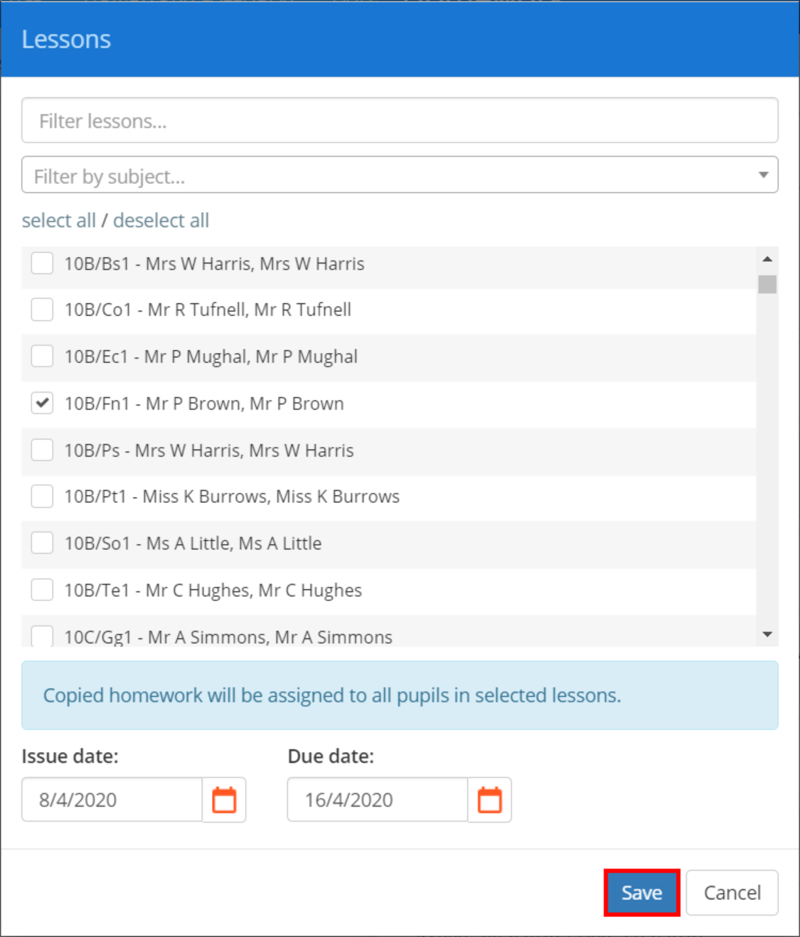 Class Charts copy lesson popup