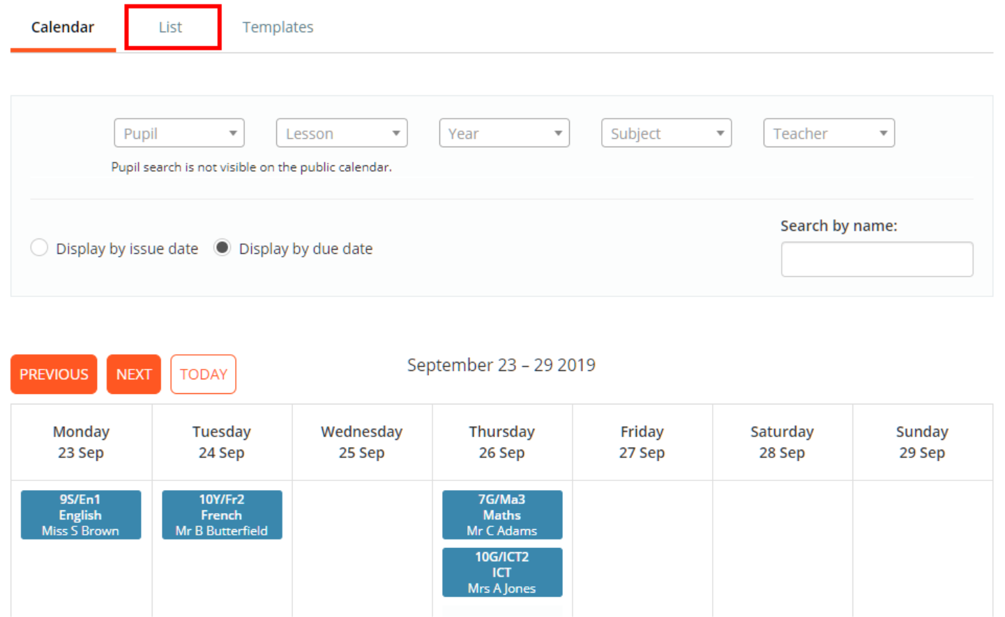 Class Charts homework calendar list tab