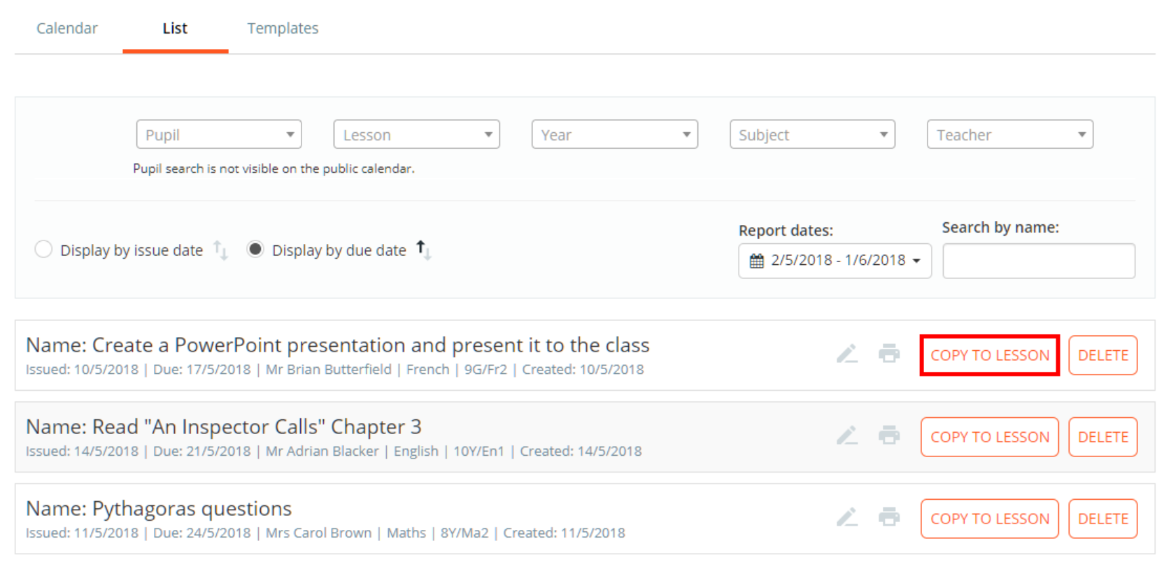 Class Charts homework list copy to lesson button