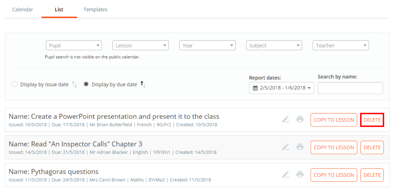 Class Charts homework list delete button