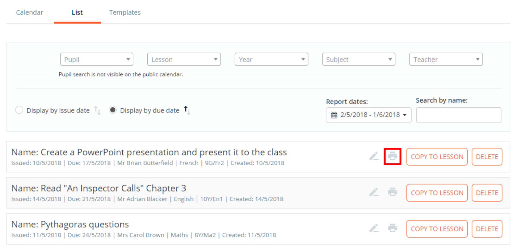 Class Charts homework list print button