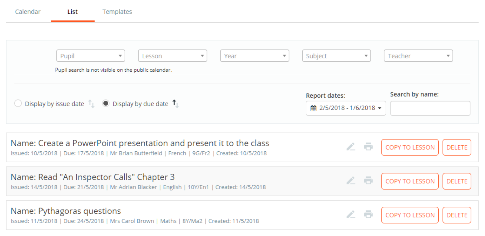 Class Charts homework calendar list view