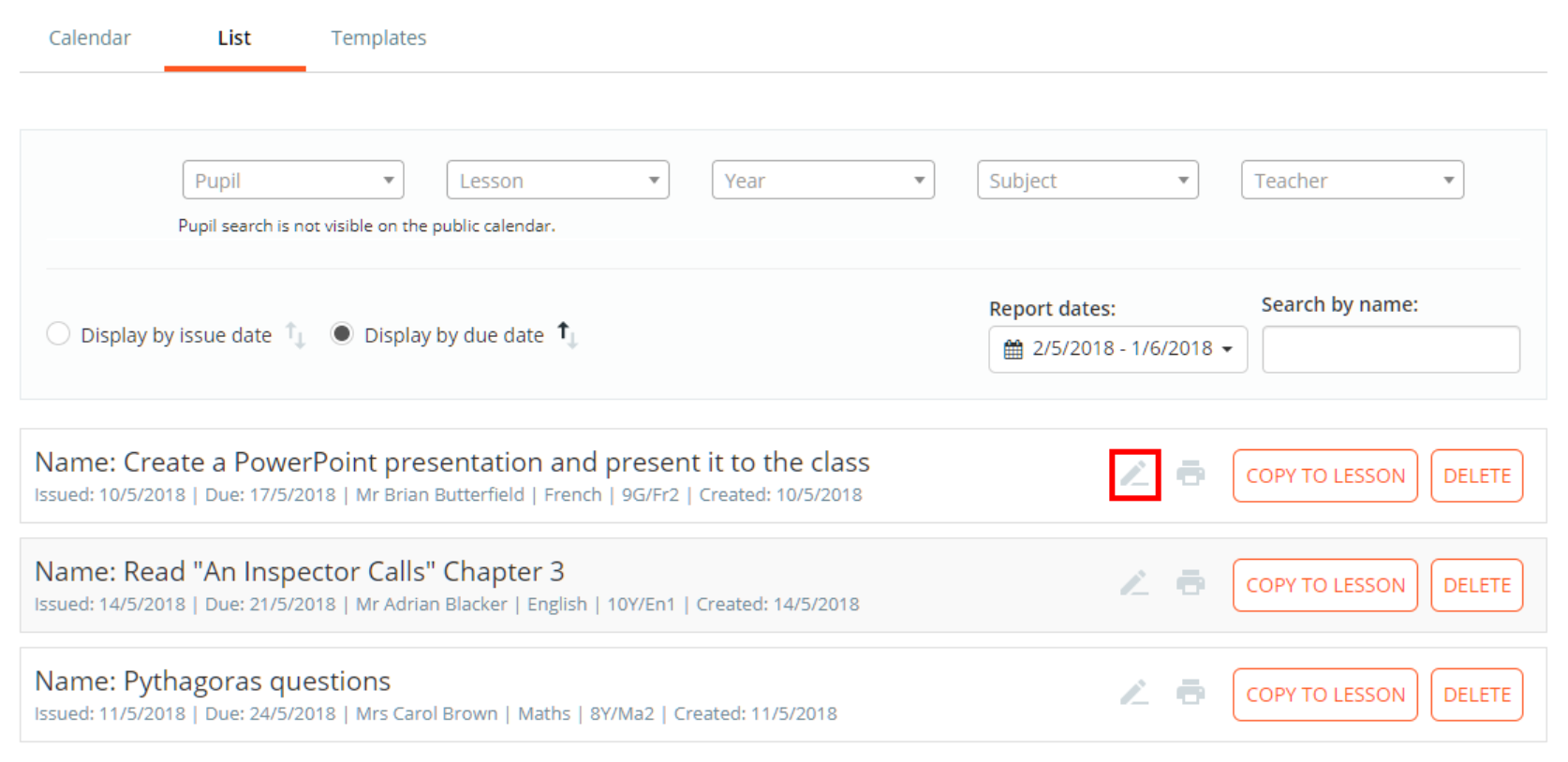 Class Charts homework list edit button